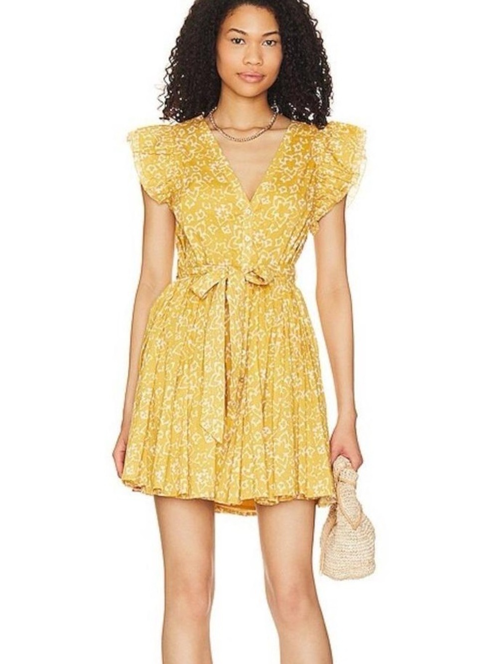 Cleobella Zia Mini Dress Cassia Yellow Print Cap Sleeve Tie Waist Button Front